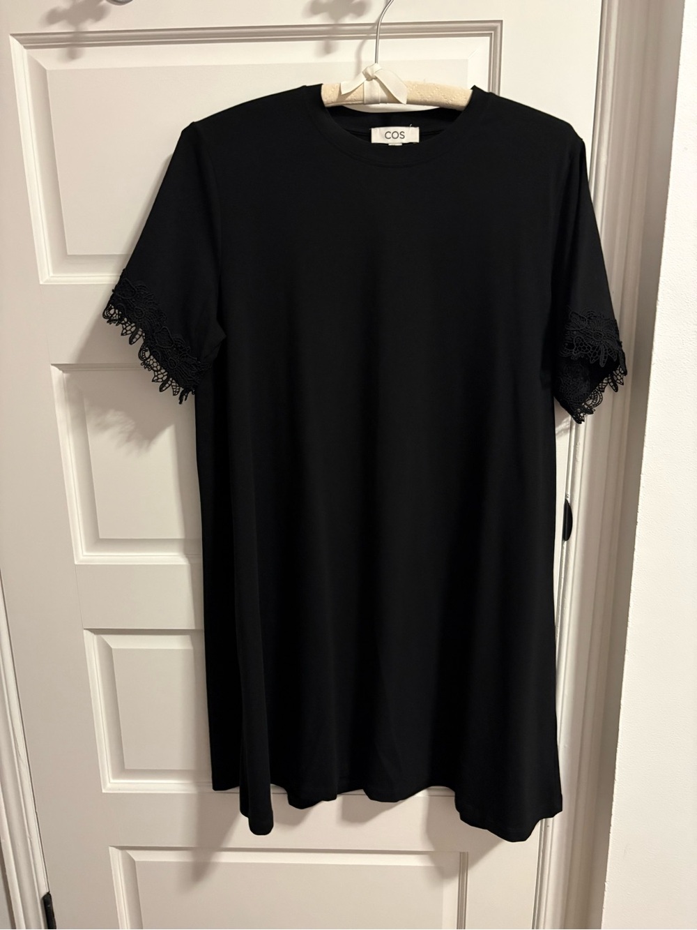 COS Black Short-Sleeve Tunic Dress with Lace Trim